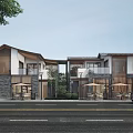 Modern Traditional Commercial Street Architecture With Outdoor Seating Trees And Parked Cars
