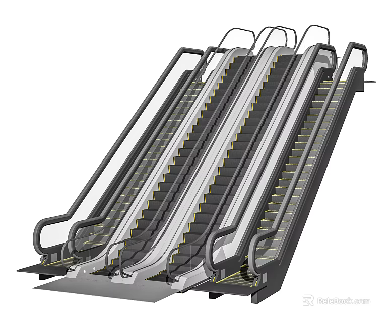 Modern Escalators With Metal Handrails And Side By Side Steps Structure 3d model 