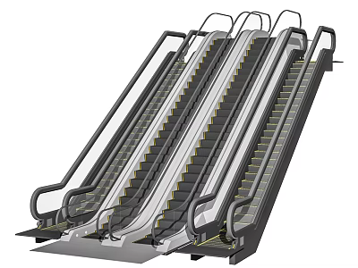 Modern Escalators With Metal Handrails And Side By Side Steps Structure 3d model