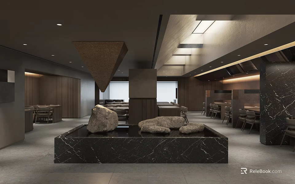 Modern Restaurant Interior Design With Stone Decorations Wooden Walls Open Layout And Marble Elements 3d model 