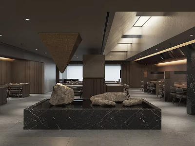 Modern Restaurant Interior Design With Stone Decorations Wooden Walls Open Layout And Marble Elements 3d model