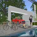 Outdoor Scene With White Archway Red Car Woman Green Plants Tables Chairs Bicycle And Pool