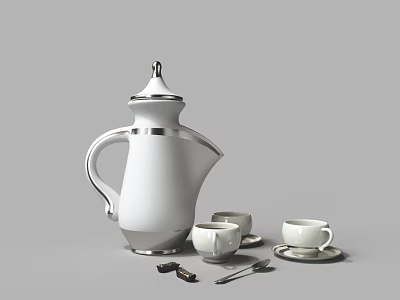 Dinnerware Set With White Silver Rimmed Kettle White Cups Saucers Silver Spoons Clips Grey Background 3d model