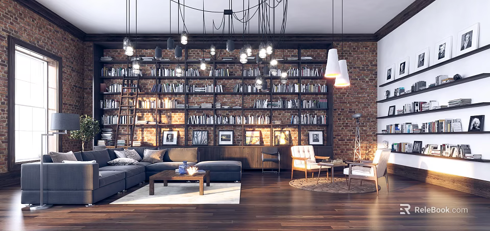 Light Luxury Living Room Interior Design With Bookshelves Hanging Lights And Brick Wall 3d model 