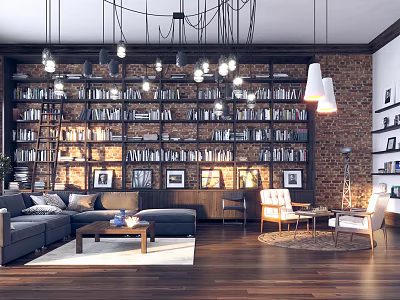 Light Luxury Living Room Interior Design With Bookshelves Hanging Lights And Brick Wall 3d model