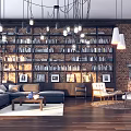 Light Luxury Living Room Interior Design With Bookshelves Hanging Lights And Brick Wall