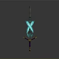 Magical Ancient Glowing Sword With Blue Runes And Gold Purple Pedestal
