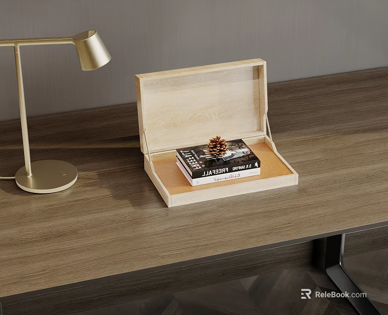 Modern Decorative Ornament Set With Wooden Box Books Pine Cone And Gold Table Lamp 3d model 