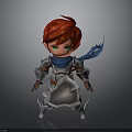Cute 3D Cartoon Character With Red Hair Green Eyes Blue Scarf Silver Armor And Shield