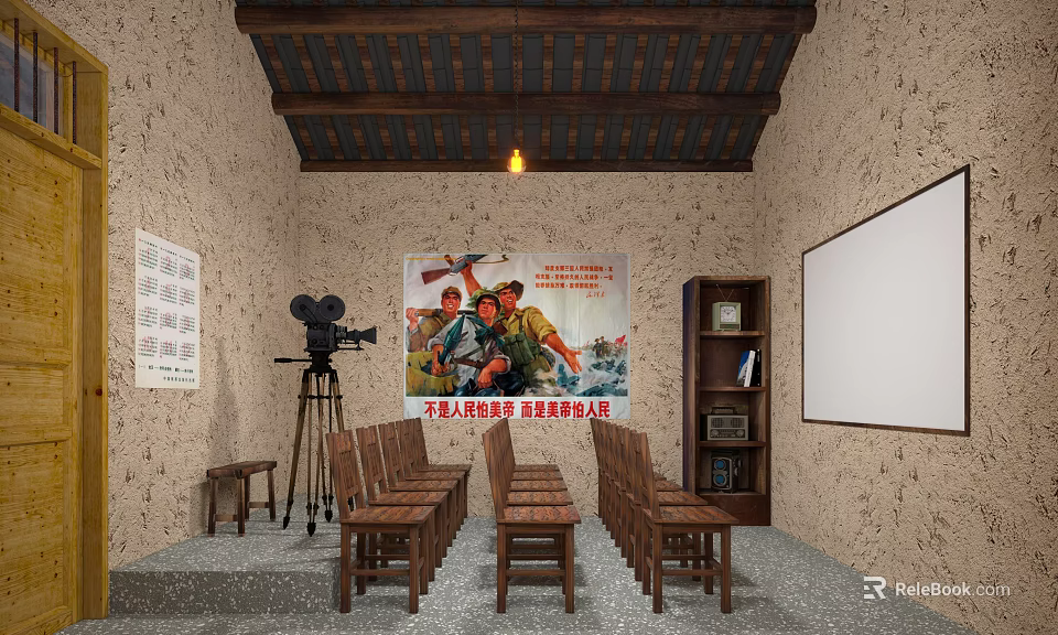 Vintage Cinema Interior With Old Film Projector Wooden Chairs And Retro Poster 3d model 