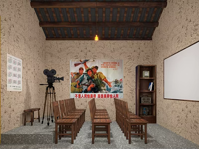 Vintage Cinema Interior With Old Film Projector Wooden Chairs And Retro Poster 3d model