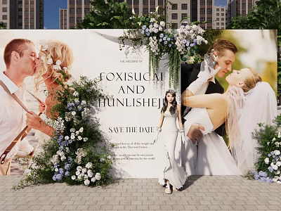 Wedding Photo Spot With Large Backdrop Flower Decorations Green Plants And Bride Groom 3d model