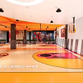 Basketball Court Interior With Orange Ceiling Red Orange Floor Basketball Hoops And Athlete Poster On Wall