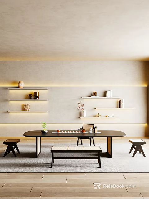 Modern Tea Table and Chairs Setup With Wall Shelves Decorative Items And Soft Lighting 3d model