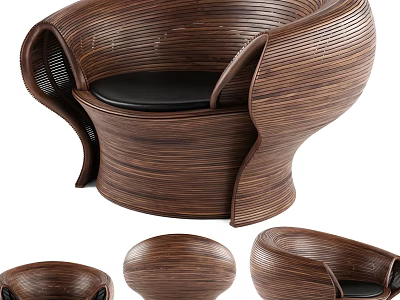 Stylish Modern Wooden Leisure Chair With Curved Design And Black Cushion 3d model