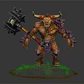 Horned Orc Warrior Holding Spiked Warhammer Armored Standing on Rock Base With Grass