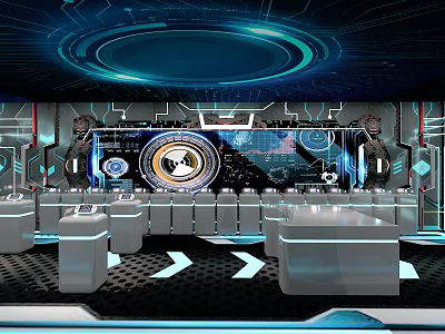 Futuristic Tech Store Interior With Blue Holographic Rings Circular Screens And Control Consoles 3d model