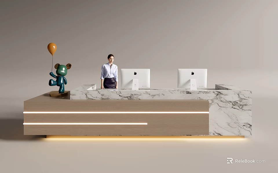 Elegant Reception Desk With Marble Countertop Wooden Design Apple Monitors Receptionist And Decorative Bear 3d model 