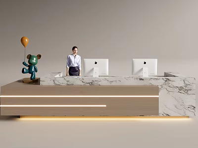 Elegant Reception Desk With Marble Countertop Wooden Design Apple Monitors Receptionist And Decorative Bear 3d model