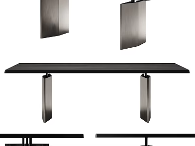 Sleek Modern Dining Table With Black Tabletop And Metal Frames Under Pendant Lights Design 3d model
