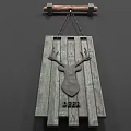 Rustic Wooden Wall Decor with Distressed Gray Finish and Metal Deer Head Hanging on Chain