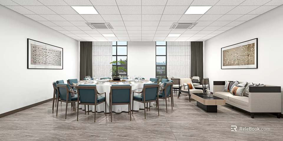 Modern Private Dining Room Interior With Round Table Chairs Sofa Coffee Table And Paintings 3d model