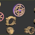 Golden Mechanical Parts Collection Featuring Gears Nuts And Various Shapes