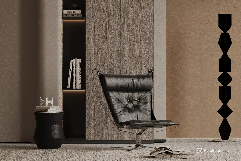 Black Leather Lounge Chair With Modern Metal Frame And Side Table In Living Room Interior 3d model 