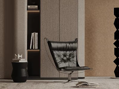 Black Leather Lounge Chair With Modern Metal Frame And Side Table In Living Room Interior 3d model