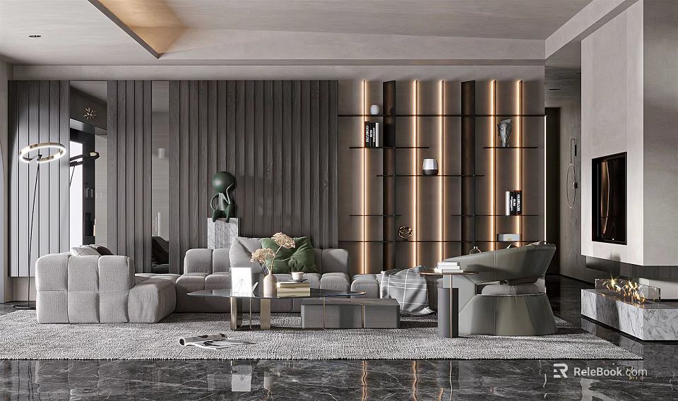 Modern Living Room Interior With Sofa Armchair Decorative Wall Green Plants And Lighting Strips 3d model 