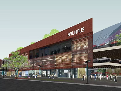 Modern Commercial Street With Brauhaus Building Red Facade Glass Windows And Pedestrians 3d model