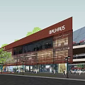 Modern Commercial Street With Brauhaus Building Red Facade Glass Windows And Pedestrians