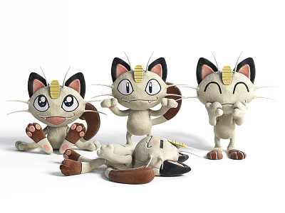 Adorable Cartoon Cat Plush Toys with Big Eyes Gray White Fur Yellow Forehead Various Poses 3d model