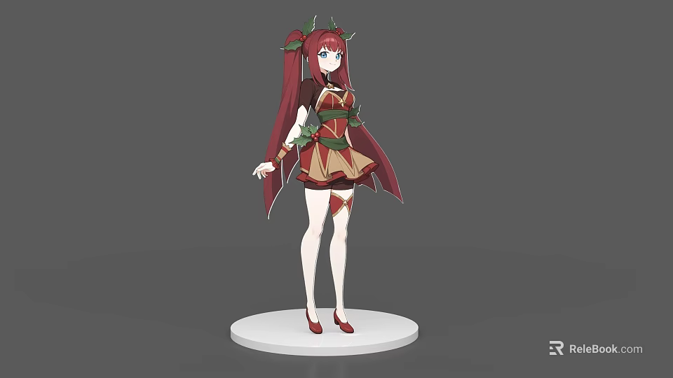 Game And Movie Character With Red Hair Twin Ponytails Green Leaf Decor Brown Outfit 3d model 