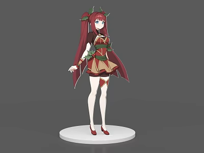Game And Movie Character With Red Hair Twin Ponytails Green Leaf Decor Brown Outfit 3d model