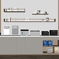Modern Office Space Featuring Various Office Appliances Arranged On Cabinets And Shelves