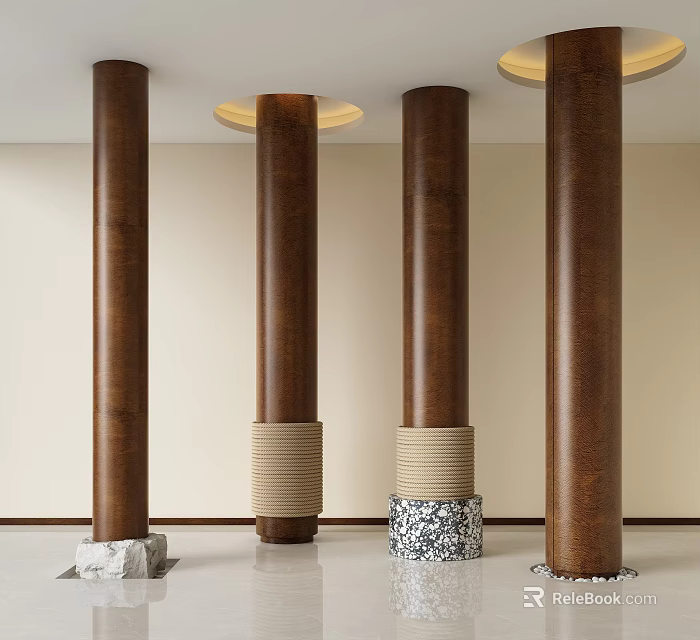 Brown Decorative Columns In Modern Interior With Beige Wrapped And Stone Patterned Bases 3d model