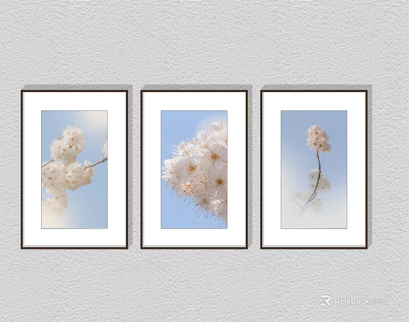 Three Framed Plant Paintings with White Flowers and Blue Sky Background 3d model 