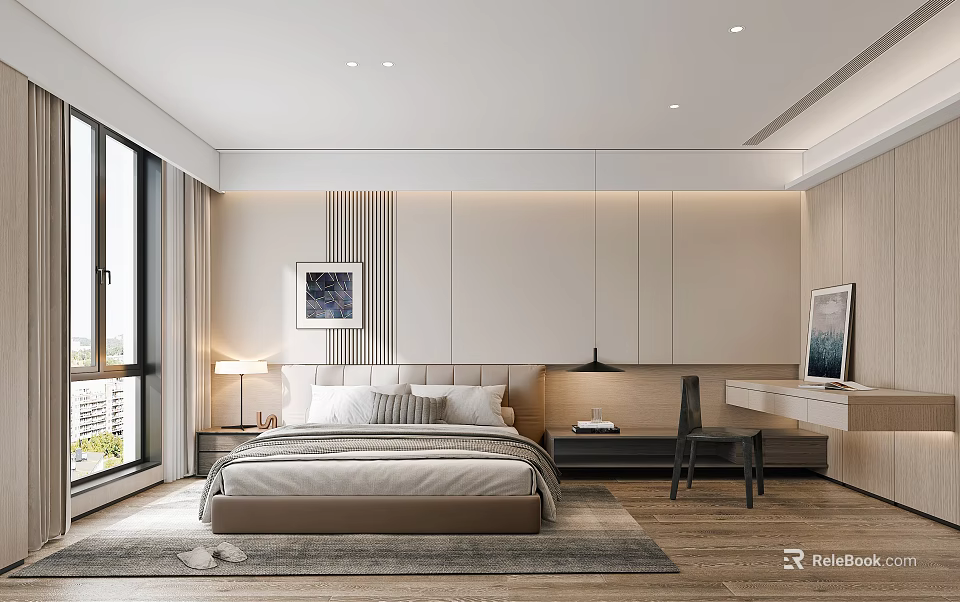 Modern Hotel Guest Room Interior With Comfortable Bed Nightstand Lamp Desk Chair And Large Window 3d model 