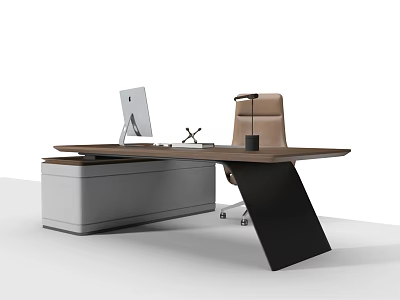 Modern Office Desk with iMac Computer Pen Holder Brown Leather Chair and Drawer Cabinet 3d model