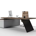 Modern Office Desk with iMac Computer Pen Holder Brown Leather Chair and Drawer Cabinet