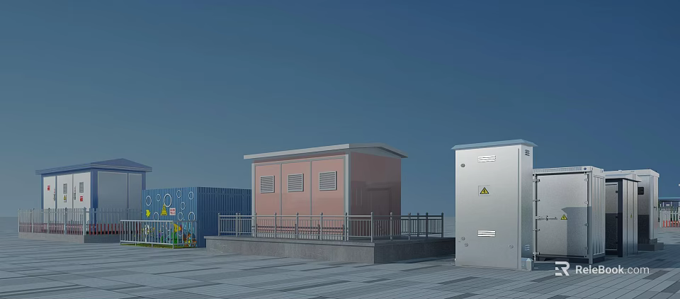 Colorful Outdoor Utility Structures With Platform Railing And Equipment Units 3d model