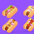 Colorful Hotdogs With Various Toppings On Purple Background And Fresh Ingredients