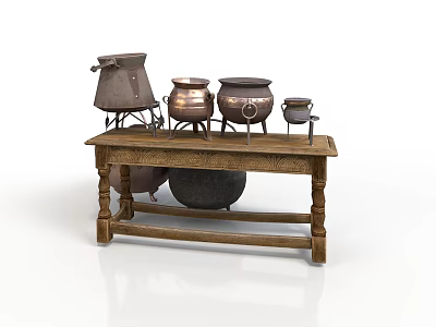Vintage Copper Containers On Wooden Table For Home Living Supplies 3d model