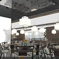 Traditional Chinese Restaurant Interior With Hanging Lanterns Calligraphy Wall And Dining Tables