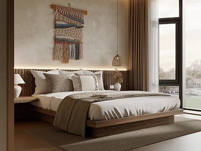 Cozy Bedroom Interior With Macramé Wall Hanging Wooden Bed Frame White Gray Pillows And Rug 3d model