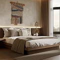 Cozy Bedroom Interior With Macramé Wall Hanging Wooden Bed Frame White Gray Pillows And Rug