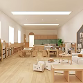Bright Spacious Kindergarten Interior With Wooden Tables Chairs Bookshelves And Windows