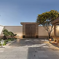 Detached Villa With White Exterior Large Windows Porch Outdoor Pavilion Stone Patio And Landscaped Garden