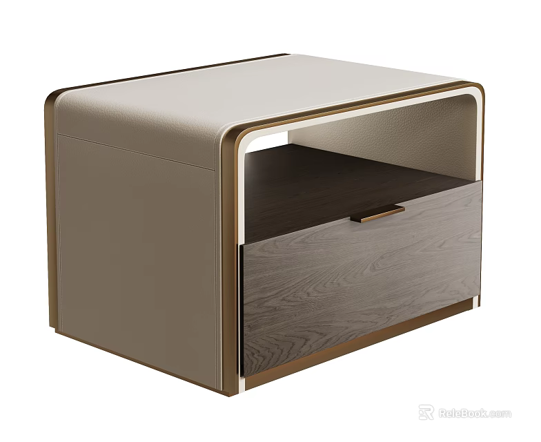 Stylish Modern Nightstand With Gold Accent Frame Wooden Drawer And Built In Lighting 3d model 